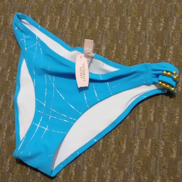 Victoria secret Swim- Teal/Silver Swirl/ One Side Gold Beaded Bikini Bottom-L - Picture 1 of 6